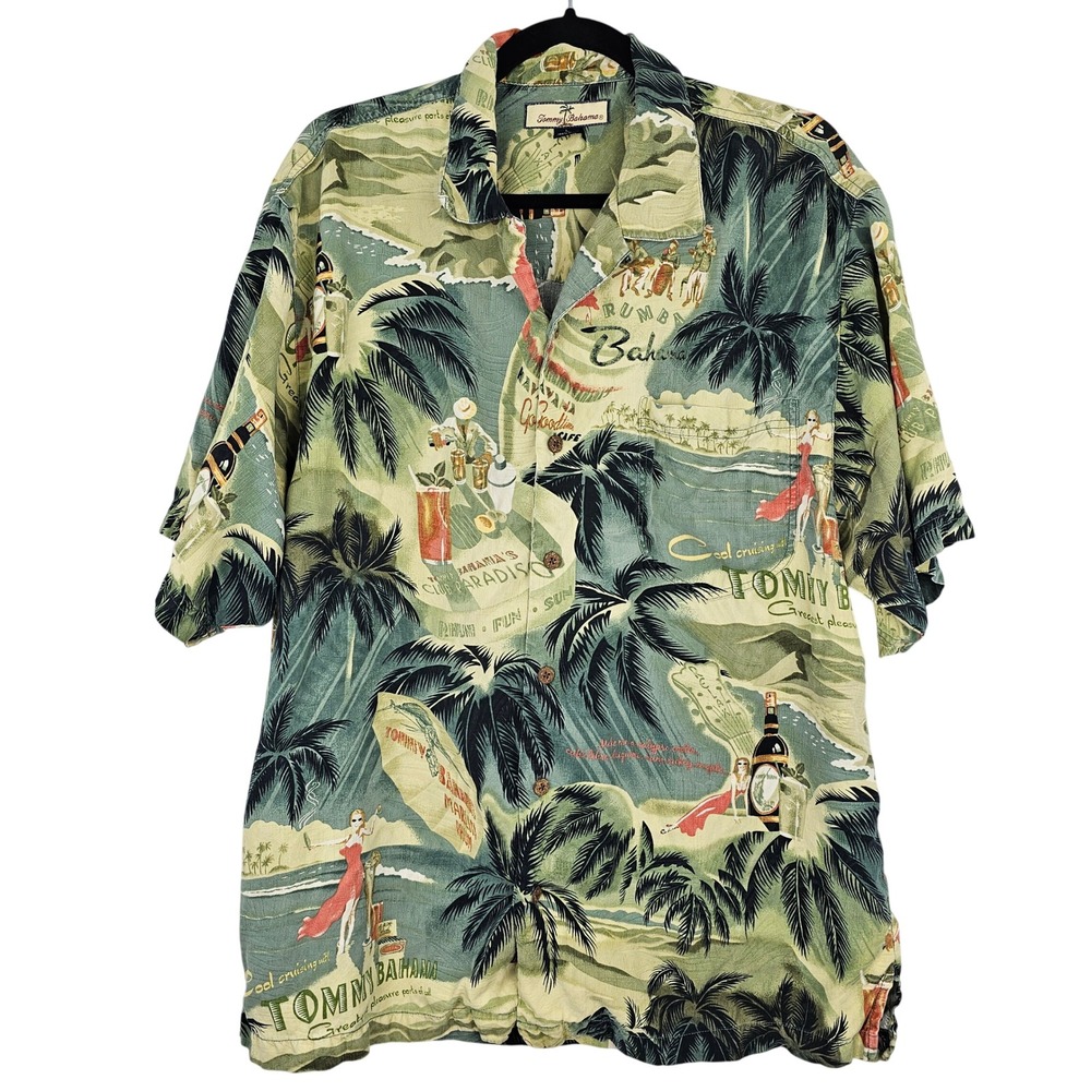 Tommy‎ Bahama Men's Large Silk Rumba Bahama Tropical Camp Shirt Green Blue L